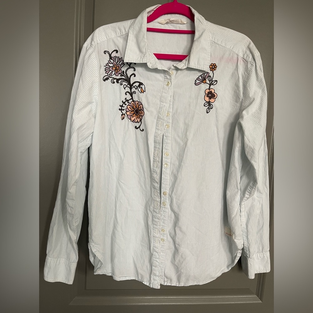 Odd Molly White Striped Blouse with Floral Embroidery